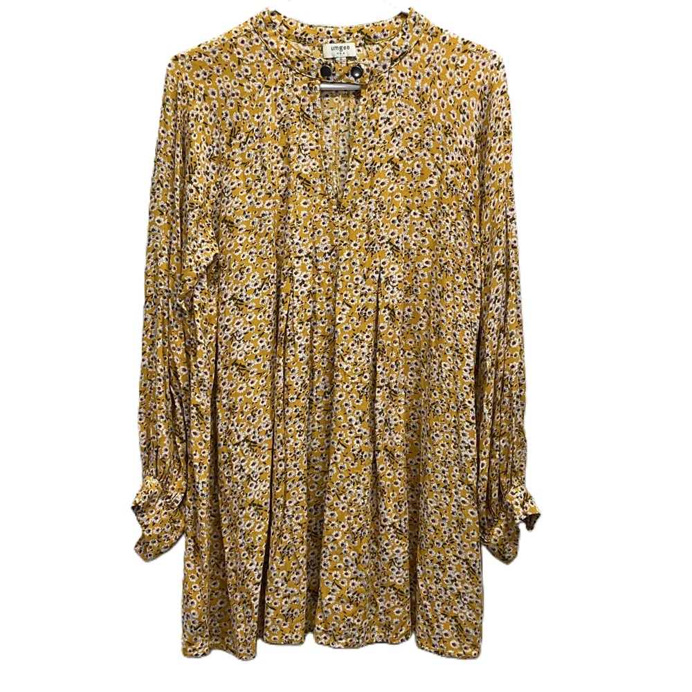 Umgee USA Golden Yellow Floral‎ Long Sleeve Tunic Dress Top Womens Small